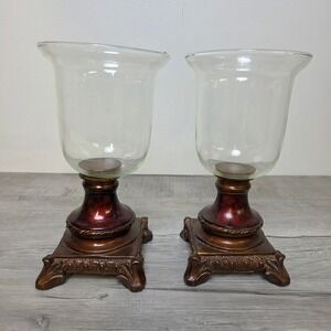 Pair Hurricane Candle Holders Glass Shade Resin Base Tri Vista Decor 8" x 3.5"